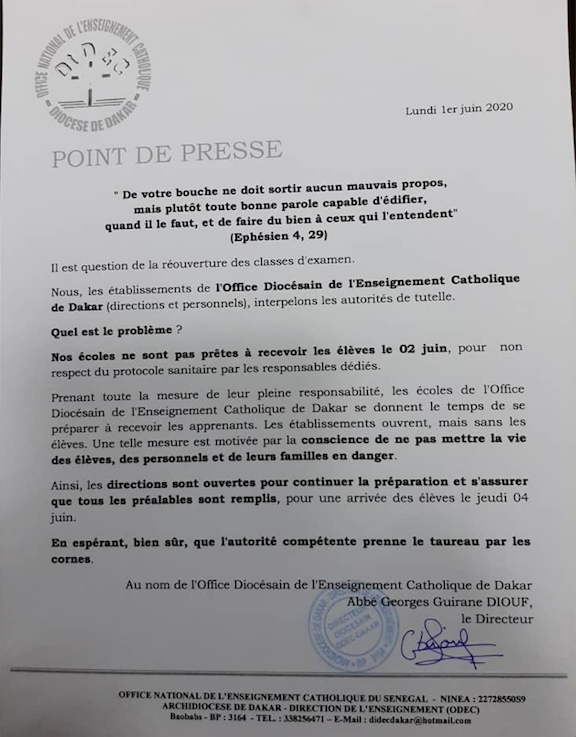 Catho24S's tweet photo. Office diocésain de l'enseignement privé catholique de Dakar: "Nos écoles ne sont pas prêtes pour recevoir les élèves le 2 juin"
#covid19sn
#coronavirussn
#kebetu https://t.co/eJAeAZZ95q
