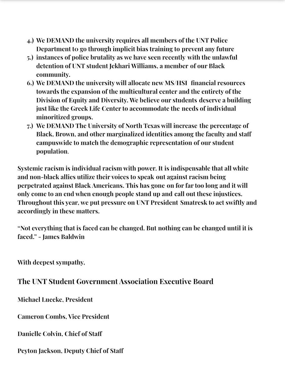 UNTSGA's tweet photo. The Student Government Association will not stand for passivity regarding the lives of Black students on our campus and in our community. Please view our official statement below. @UNTPrez @UNTPolice @DENTONPD @untBSU #blacklivesmatter https://t.co/PEhhOn0qjV