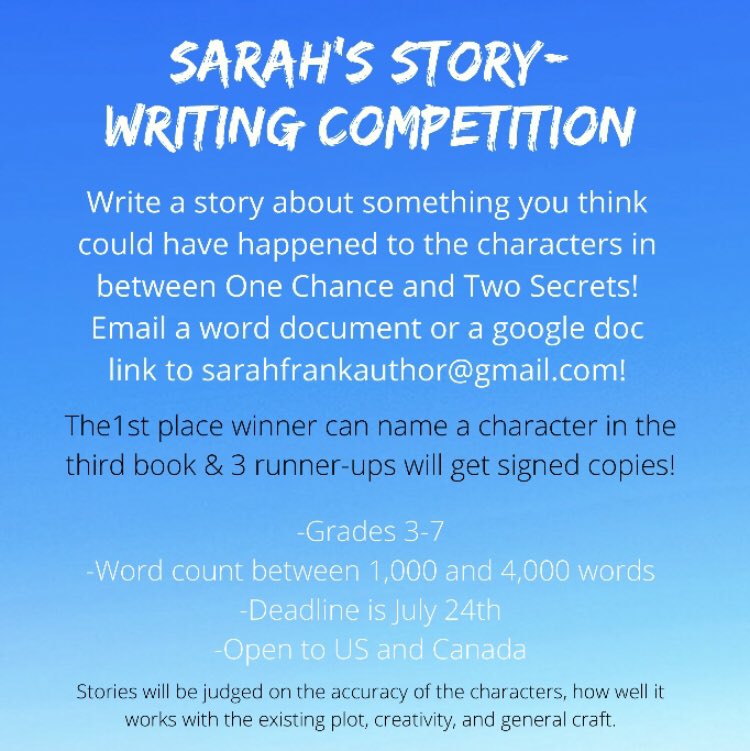 SarahF_Author's tweet photo. I’m holding a competition for all young readers and writers! I can’t wait to read the entries! #MGLit #MiddleGradeBooks #MiddleGradeLit #GetKidsReading
@HubOfSchool @HillsboroughSch #HCPSproud #HCPSRead
@HWBlake @BlakeHSMedia
@HCPSElemELA @LiteracyPeeps https://t.co/OiqjRcJm5H