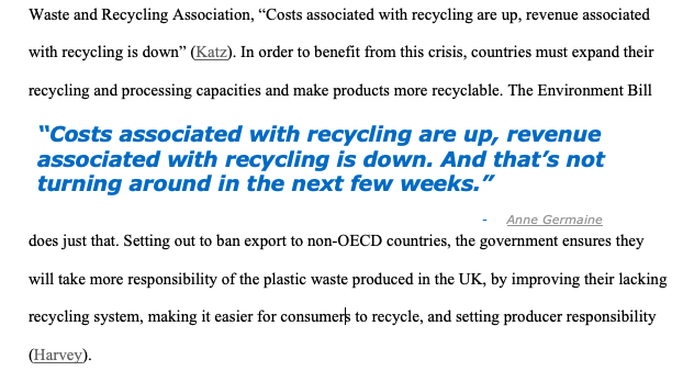 estheerkimm's tweet photo. I really liked this quote that I used as my pull quote. It accurately describes how many countries were impacted by China’s ban of waste imports and introduces the flaws of countries’ response to the issue, and how the bill will positively address the situation. 
@39CSustain https://t.co/fsmeoaKxuG