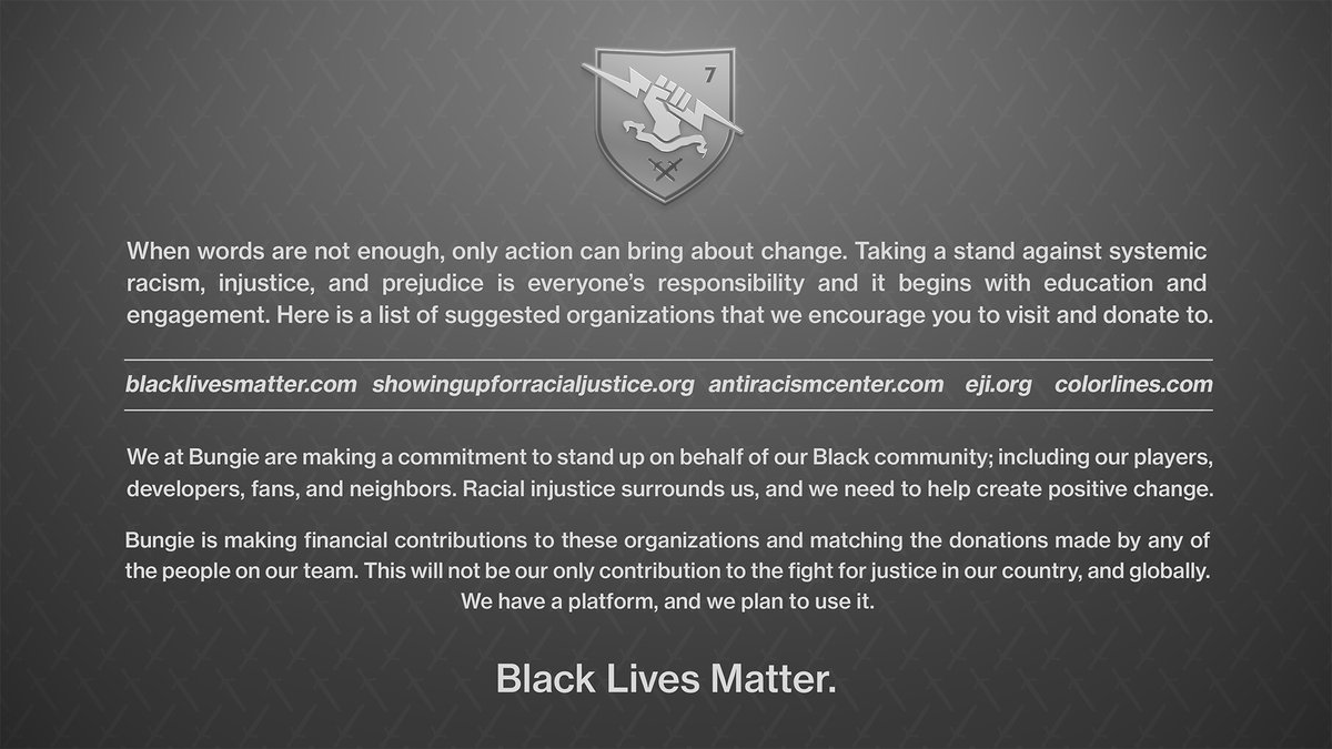 Bungie's tweet image. Black Lives Matter

blacklivesmatter.com
showingupforracialjustice.org
antiracismcenter.com
eji.org
colorlines.com