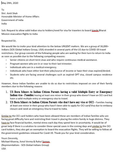 michaelkhanna's tweet photo. #SOSGlobalIndians sends plea letter requesting you @AmitShah @HMOIndia to allow US born minors without OCI having Indian parents w/valid multiple entry/emergency visa to travel to India on #VBM @airindiain &amp; charter flights @PMOIndia @DrSJaishankar @BhallaAjay26 @PremBhandariNYC https://t.co/0Qpsa1w1LG