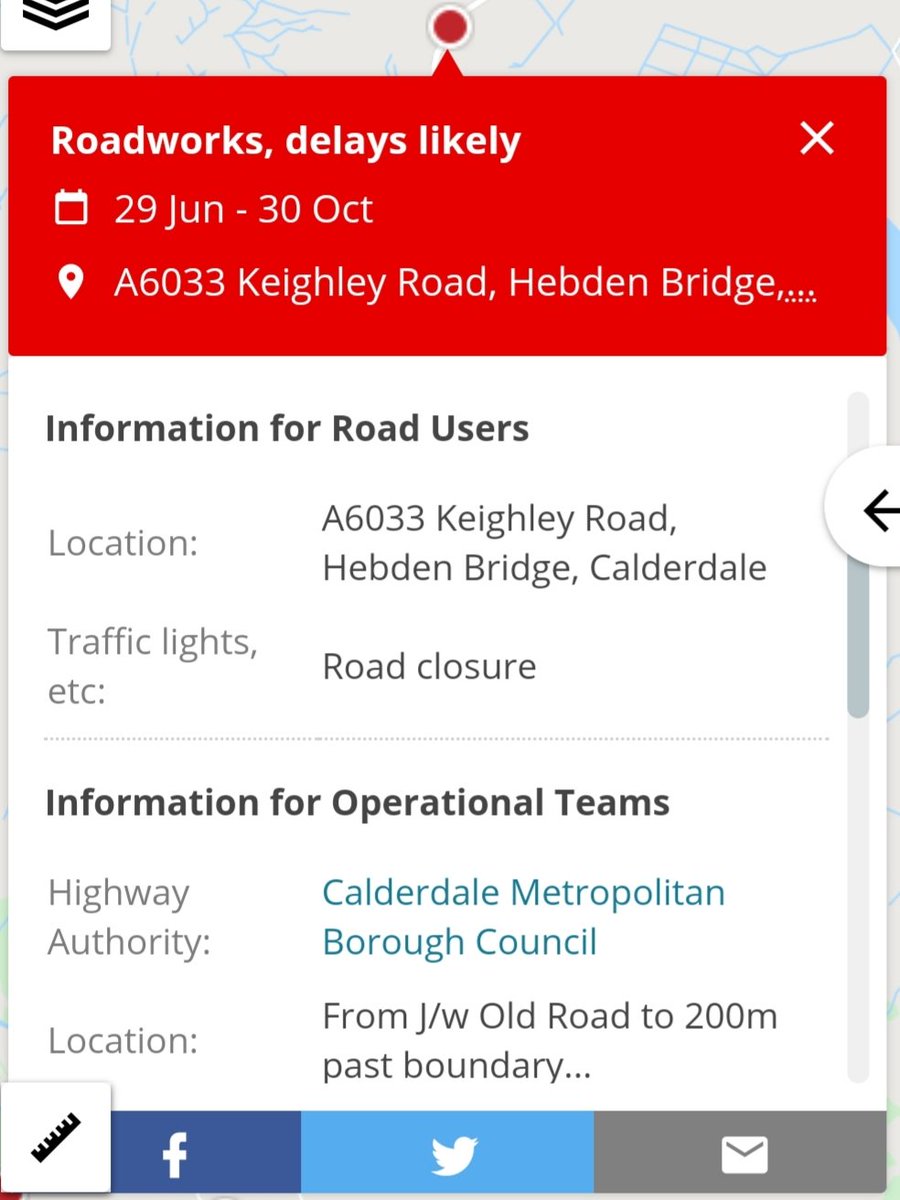 Hi <a href="/CalderHighways/">Calderdale Highways</a> <a href="/Calderdale/">Calderdale Council</a> - any details about this closure? Surely not closed for 4 mths? You do realise what inconvenience closing that road causes? LONG LONG diversion and delays, esp when part of my alternative rte to work also closed same time! one.network/?117105660