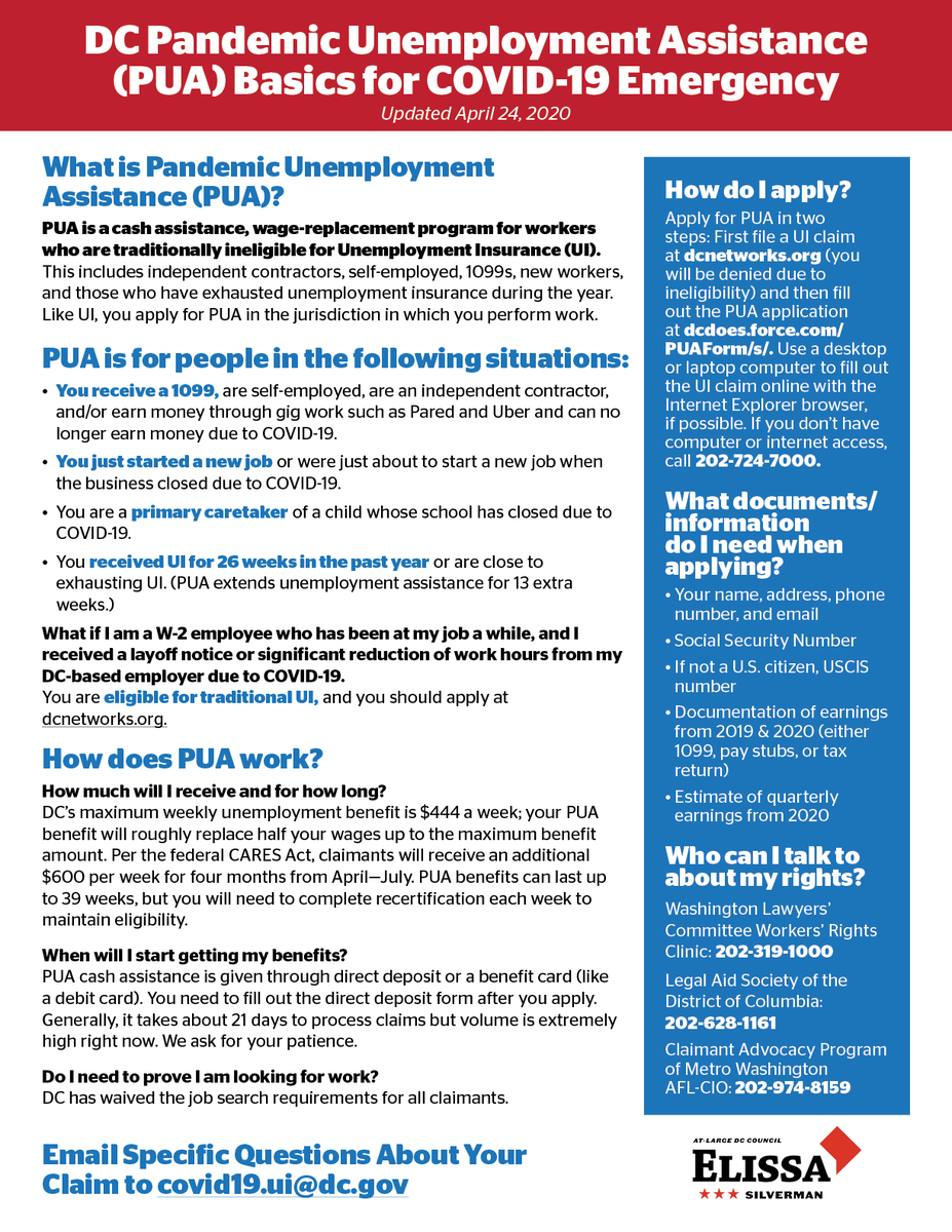 councilofdc's tweet photo. Unemployment Insurance
Here’s the latest: a 1-pager just on UI for 1099 filers, plus a dense (8-page!) 1-stop fact sheet on all aspects of UI: the extra (up to) $600/week in federal UI, what payments will be retroactive, etc.

Check the 8-pager out at https://t.co/C0XEXz9fIP https://t.co/ryFNLecX9c
