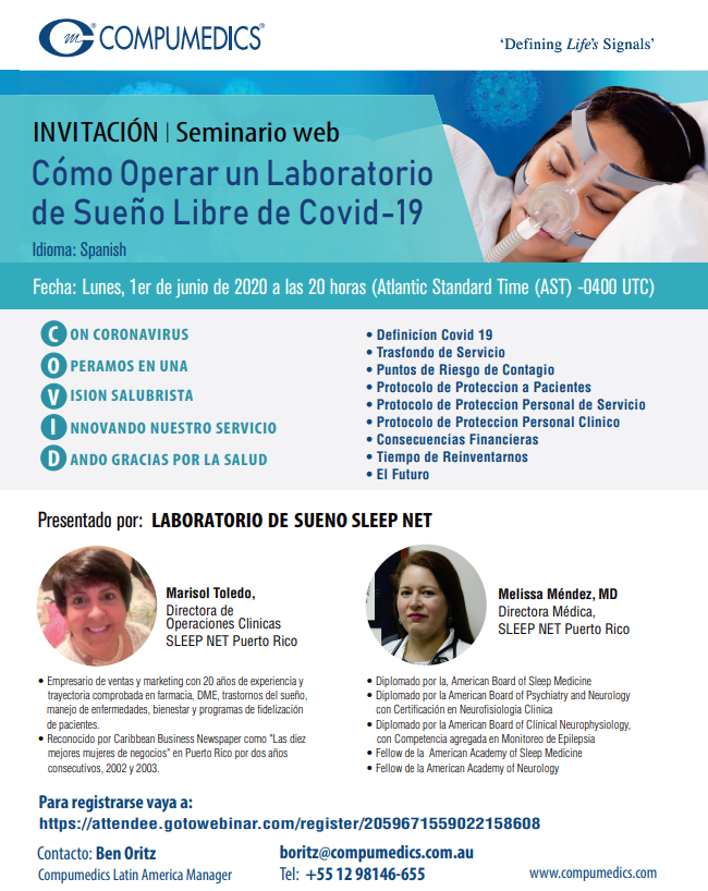 SleepNetPR's tweet photo. No te puedes perder nuestro Webinar hoy 1ero de junio a las 8:00PM. ¿Cómo operar un Laboratorio de Sueño libre de Covid-19? #Innovation #Health #Compumedics #Covid19 #Coronavirus #CovidFree #LaboratorioDeSueno #SleepNetPR #Latinoamerica https://t.co/z2aGyyq62I