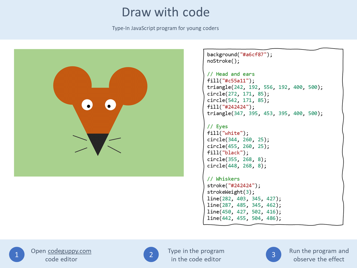 CodeGuppy's tweet image. Fun introduction to coding!

This is a FREE printable for Hour of Code👩🏿‍💻👨🏿‍💻

1️⃣ Print image and share it with young coders
2️⃣ Ask them to type-in the program
3️⃣ Remix and share

#javascript #drawingwithcode #hourofcode #100DaysOfCode #CodeNewbies #codingforkids #learntocode #p5xjs