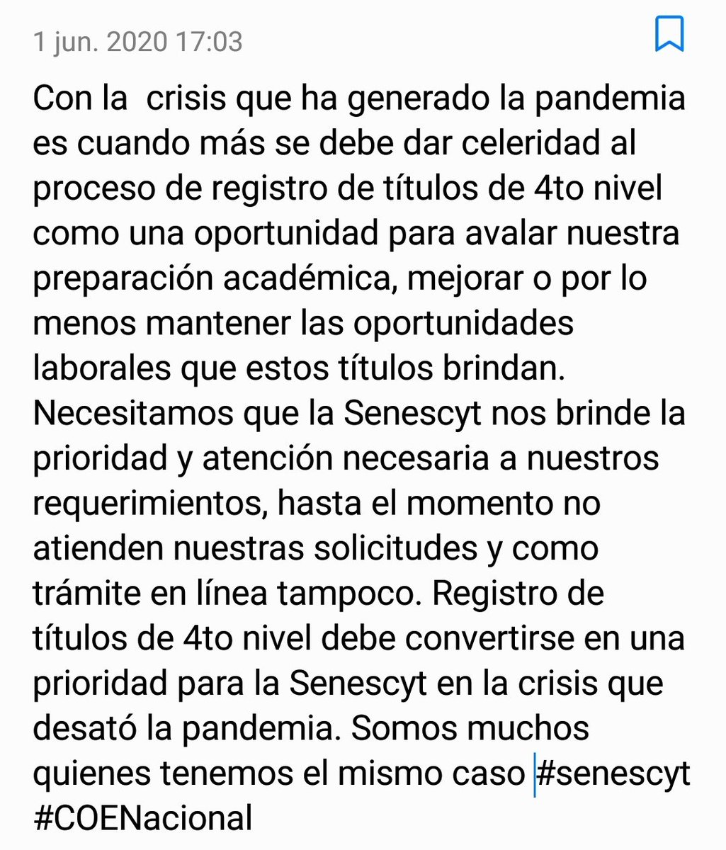 jenbarzola's tweet photo. @EduSuperiorEc Nos preguntamos que ha dispuesto el #COENacional para la entidad #senescyt , que aún no inicie sus operaciones? Los trámites en línea en cuanto al registro de títulos NO está operando, a más de eso tomará 1 mes más para registrarlo y sea válido. Necesitamos una solución. https://t.co/boSV2C3Ngo