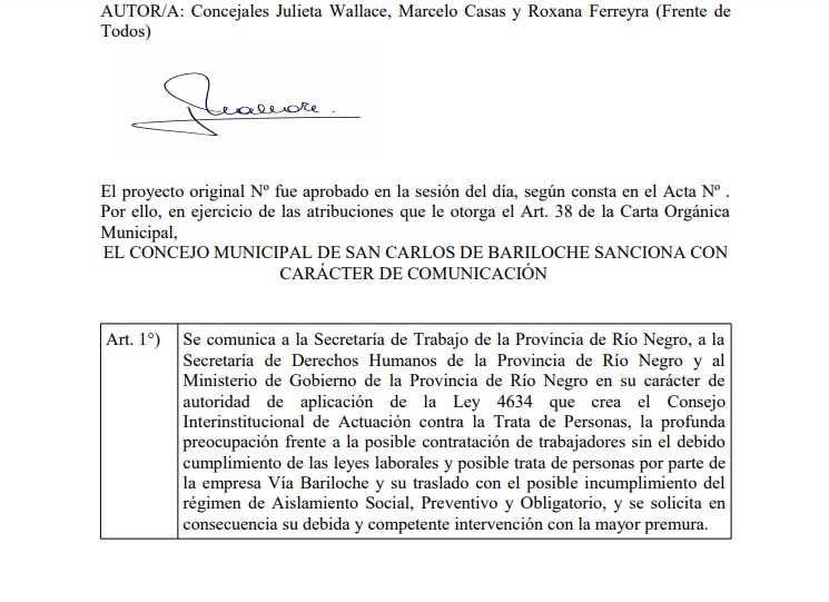 Se presentó en el Concejo Deliberante de Bariloche un proyecto de comunicación expresando preocupación por la posible situación de trata de personas y explotación laboral por parte del Grupo Económico Vía Bariloche | Toda la investigación en <a href="/AGCadenaDelSur/">Cadena del Sur</a> y @enestosdiasrn