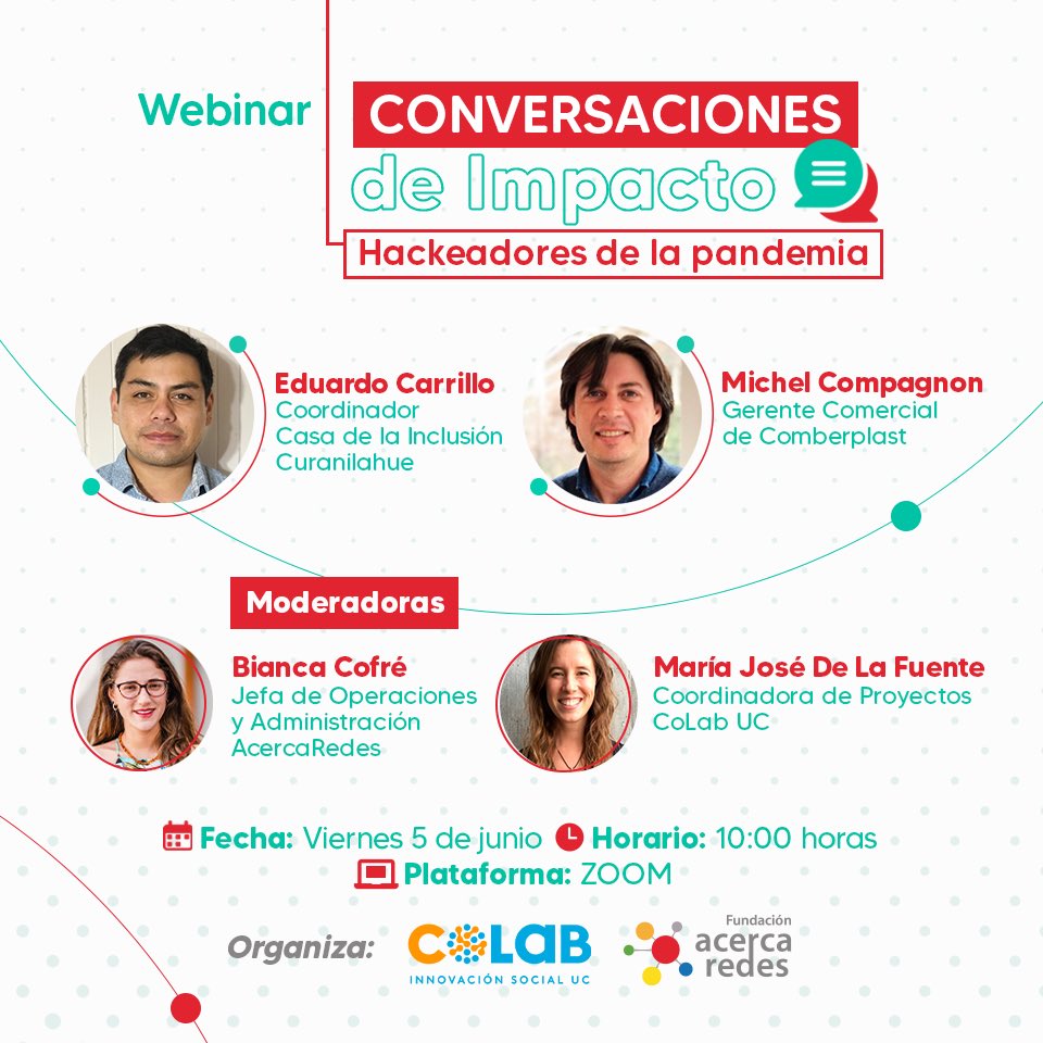 CoLab_UC's tweet photo. Te invitamos a ser parte de nuestro segundo #webinar colaborativo:, junto a @AcercaRedes . En esta ocasión orientado a organizaciones que han hackeado la pandemia a través de la innovación social @Comberplast 
📅 5 de junio
🕑 10 AM
Inscríbete ➡️ https://t.co/kQqJkJO4R7 https://t.co/Ef7jAk9z19