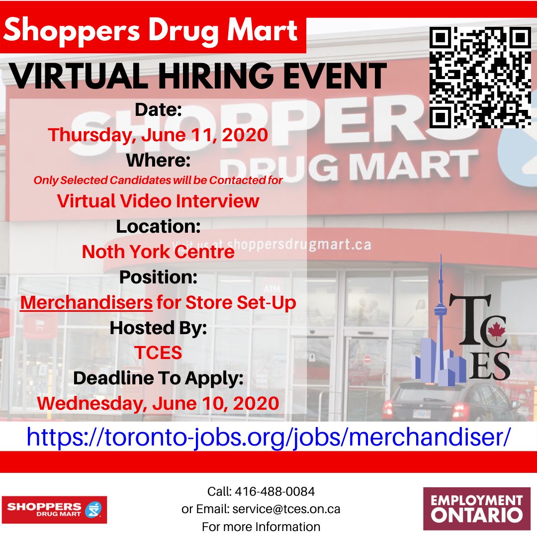 TCES1's tweet photo. Shoppers Drug Mart is #hiring for 45+ Store Set-up Merchandisers for their North York Centre location! Apply at https://t.co/UPcr0wxr6q for our June 11 virtual #hiringevent

#toronto #northyork #employment #torontojobs #tces #torontoemployment #findjobs https://t.co/UtLE7168c5