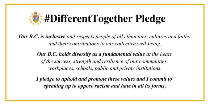 I take this pledge to be #DifferentTogether as diversity equals strength. And hate has no place in BC.

And I nominate @OzClay2 @rashrai @CaeliMurray @emmajshea @AdamJGrossman and all @cprsvancouver communicators. Thanks @naomiyamamoto