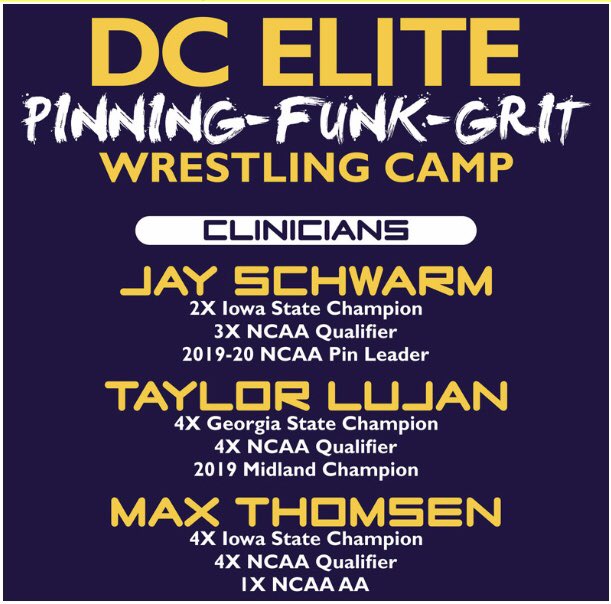 Wrestling camp: PINNING, FUNK n GRIT, June 22-24 in Hiawatha, IA. Limited to 20 kids ea division k-3rd, 4-8th, 8th-12th. Must have a partner. Temps will be taken and no parents will be permitted. DM if interested. 2020 NCAA pin leader, 2020 Midlands Champ n 4x NCAA qualifier.