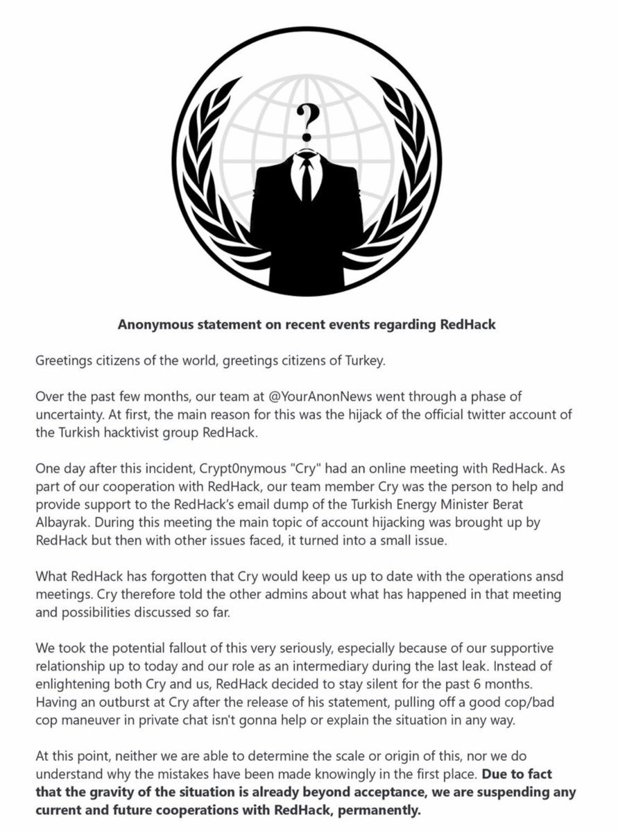 Reina35296752's tweet photo. Declaración anónima de recientes eventos respeto a RedHack, traducido al español. #annonymous #statement https://t.co/kHQhCCCjhj