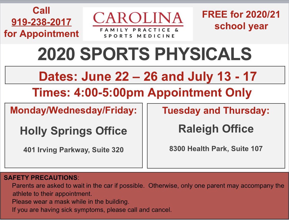 cfpsm's tweet photo. The NCHSAA has granted an extension to 2019/2020 physicals, and we want to help those who still need one for 2020/2021... for FREE! 
Please call for an appointment 919-238-2017. #WeMissSports #CFPSM https://t.co/3kzjGF1vam
