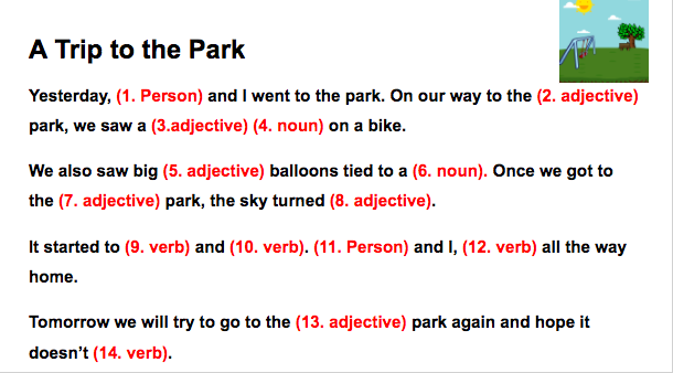deNanceEdgemont's tweet photo. Today we worked on a Mad Lib and a Word Ladder for Word Work practice. In our Google Meet, we saw "fluffy" balloons tied to a "ball". 😂

Mad Libs are a great way of practicing parts of speech and remembering adjectives, nouns and verbs! What does your trip to the park look like? https://t.co/PQZOJwsjQf