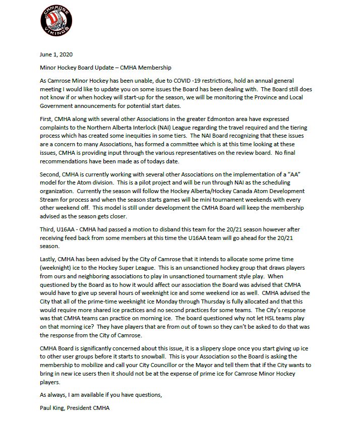 A message from the CMHA Board - Please Share!!!
