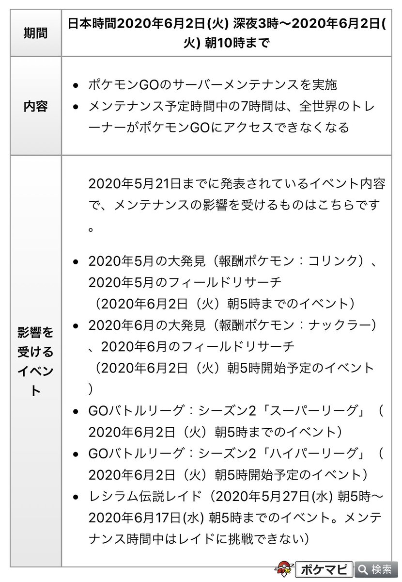 ポケモンgo攻略情報 ポケマピ 予定されていた世界同時メンテナンスが実行されています ポケモンgo へのアクセスは段階的に再開されていますが メンテンナンス完了までログインしないよう強くおすすめされています 終了予定時刻は日本時間6月2日 火 ポケモンgo攻略情報 ポケマピ 予定されていた世界同時メンテナンスが実行されています ポケモンgo へのアクセスは段階的に再開されていますが メンテンナンス完了までログインしないよう強くおすすめされています 終了予定時刻は日本時間6月2日 火