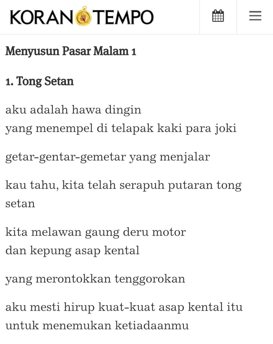 Minggu lalu, dua puisi saya dimuat <a href="/korantempo/">Koran Tempo</a> edisi 30 Mei 2020.

Sila cek websitenya kalau berkenan membaca: koran.tempo.co/read/sastra/45…