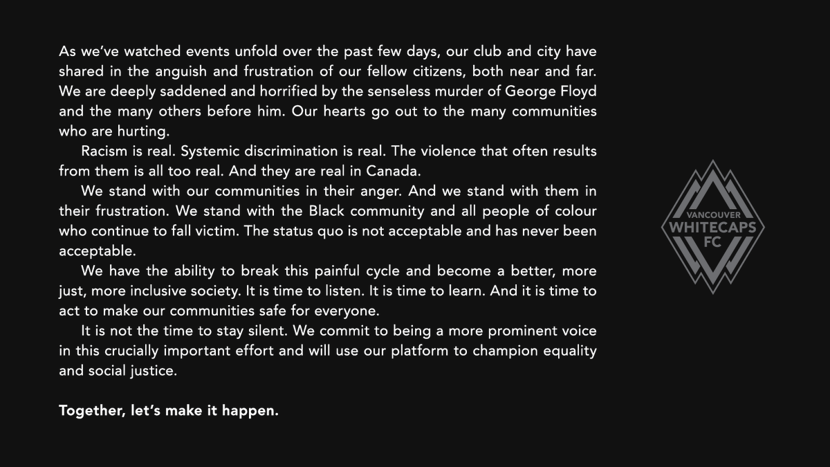 WhitecapsFC's tweet photo. #BlackLivesMatter https://t.co/PBF7XilOO5