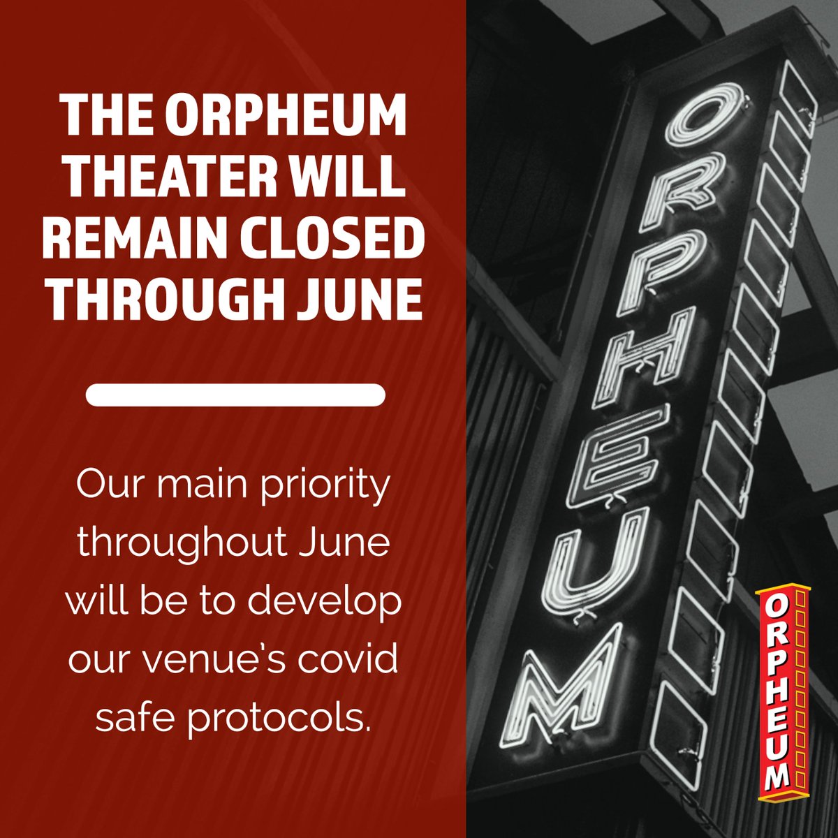 OrpheumFlag's tweet photo. The Orpheum Theater in downtown Flagstaff, AZ has made the tough, but necessary decision to remain closed to the public through June 30, 2020. We love providing a stage for live music, but we cannot justify putting you or our staff at risk to do so. #saveourstages https://t.co/Wxp0PDNCOs