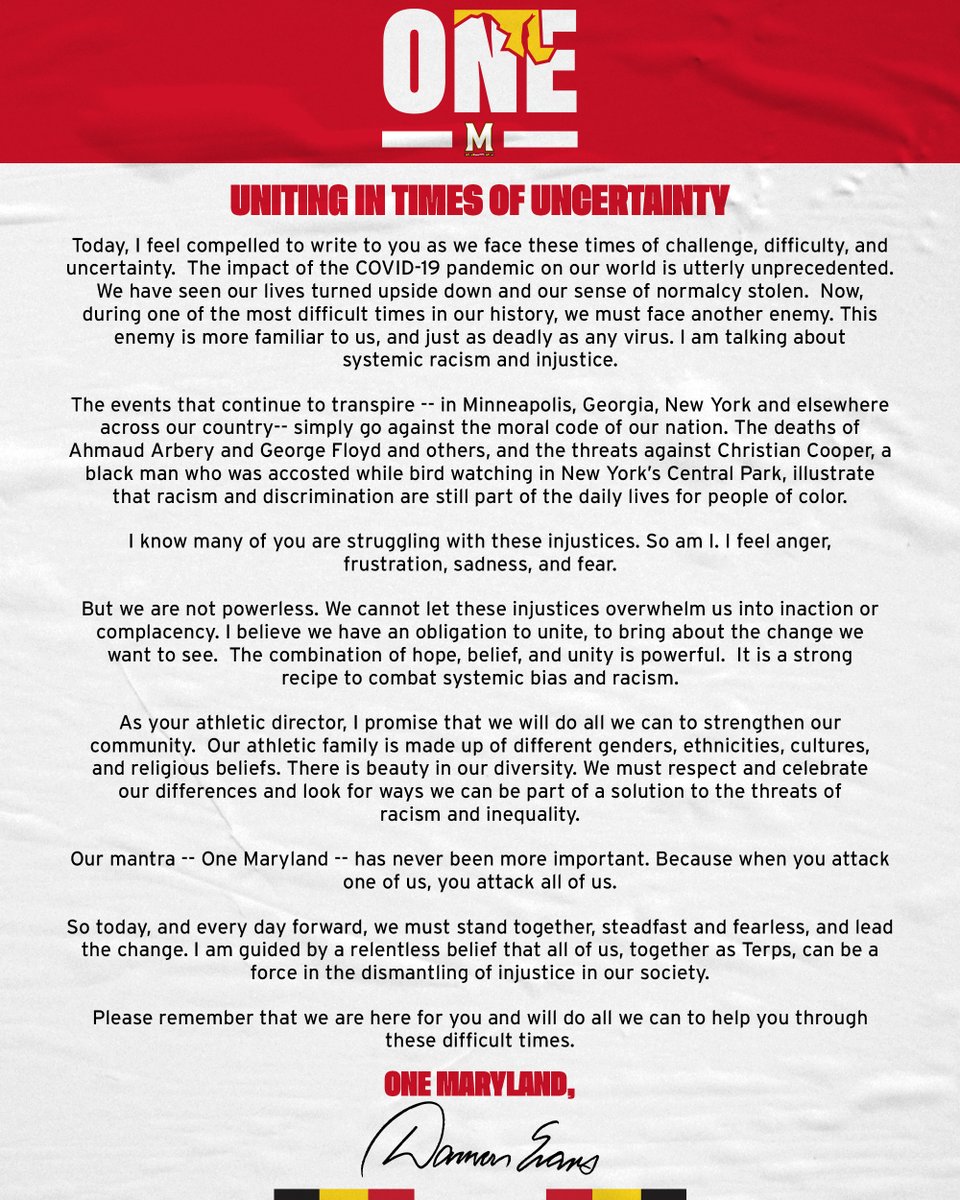 AD_DamonEvans's tweet photo. Today, and every day forward, we must stand together, steadfast and fearless, and lead the change. I am guided by a relentless belief that all of us, together as Terps, can be a force in the dismantling of injustice in our society. #OneMaryland https://t.co/75OQPfoRci