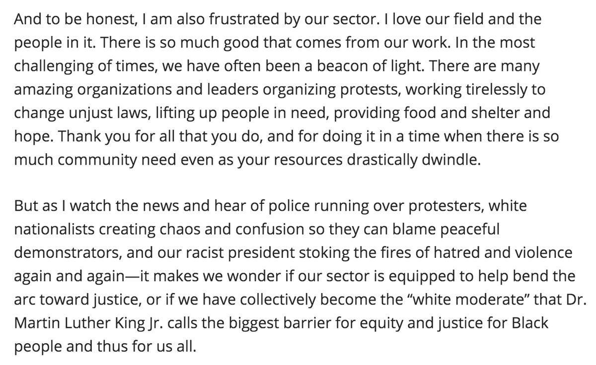 WestNHouse's tweet photo. As Vu Le (@NonprofitAF) asks, is our sector equipped to bend the arc toward justice, or have we collectively become the white moderate that Dr. Martin Luther King Jr. calls the biggest barrier for equity and justice for Black people, and thus for us all? https://t.co/Zs1rCcawhs https://t.co/iuOMxDOg2p