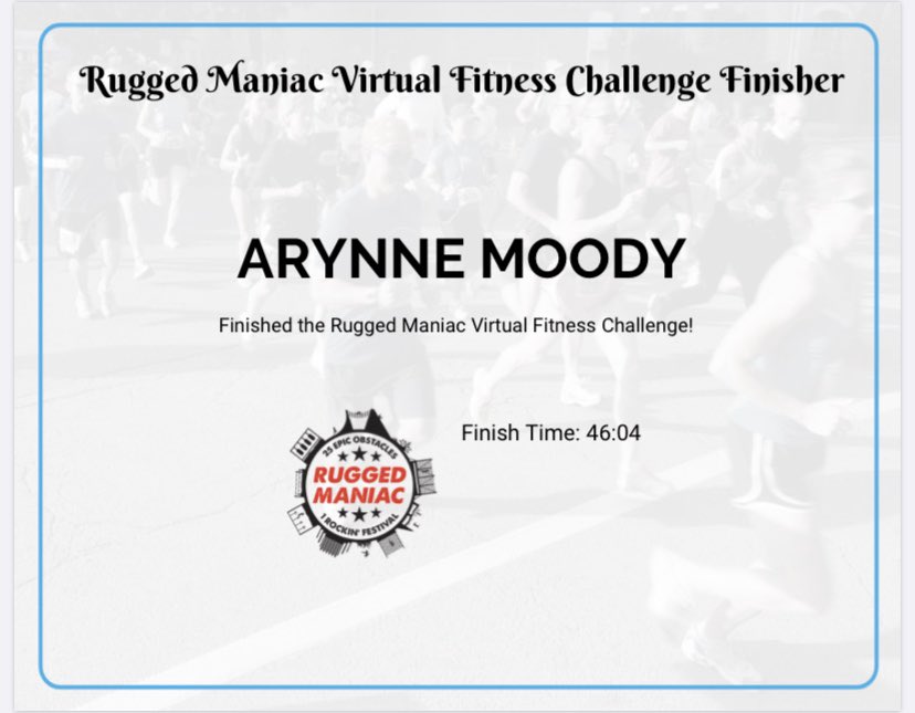 MoodyArynne's tweet photo. Tonight’s challenge...Virtual Rugged Maniac...done! @RuggedManiac #RMVirtualChallenge❤️🏃🏼♀️💪🏼 After 10 miles Saturday and virtual Spartan yesterday I stuck with the Rugged Racer “course”. https://t.co/8Nw9KRMuUt