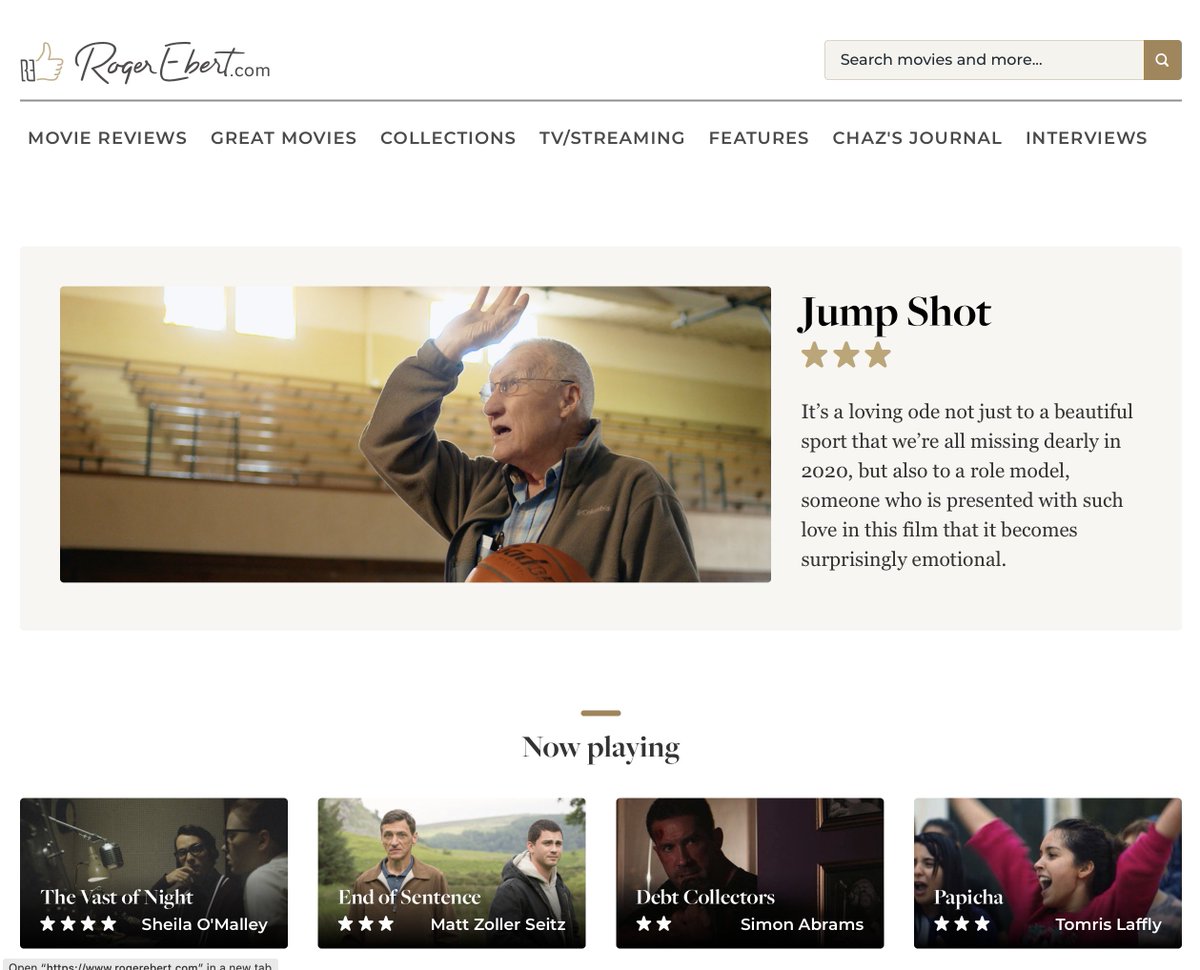 Love seeing Jump Shot on the front page of <a href="/ebertchicago/">Roger Ebert</a> right now. "Jump Shot is a story of how much difference we can make in the world just by being genuinely good and true." <a href="/Brian_Tallerico/">Brian Tallerico</a> rogerebert.com/reviews/jump-s… #RT