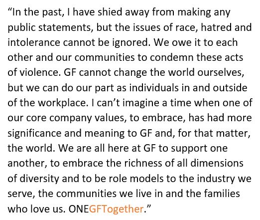 GlobalFoundries's tweet photo. An excerpt from a note our CEO, Tom Caulfield (@thomcaul), sent to all employees last night. #Embrace #Diversity #Inclusion #Community #Equality https://t.co/w0m1XUyaQd