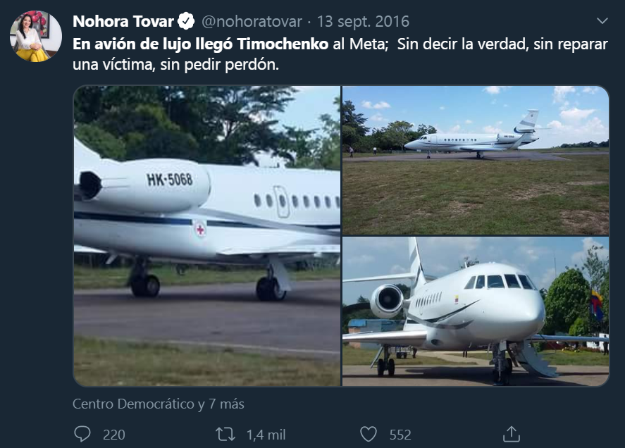 Desdemona_jna's tweet photo. Si vamos mas atrás en el tiempo, tenemos relacionada a la empresa #Helistar con las #FARC.
2016: Timochenko llegó a los llanos del Yarí en una avioneta matrícula HK-5068 de la empresa #Helistar la misma q en 2013 fue relacionada c el narcotráfico del expresidente Ernesto #Samper. https://t.co/aVDYKWkWq6