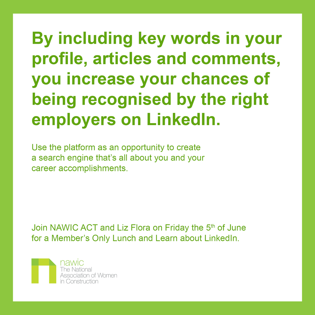 RSVP by the 4th of June.

#linkedinconnections #linkedin #nawicact #nawic #construction #constructionincanberra #constructioninaustralia #womeninconstruction #constructionjobs #canberra #canberraevent #lunchandlearn #networking #constructionindustry #industryjobs
