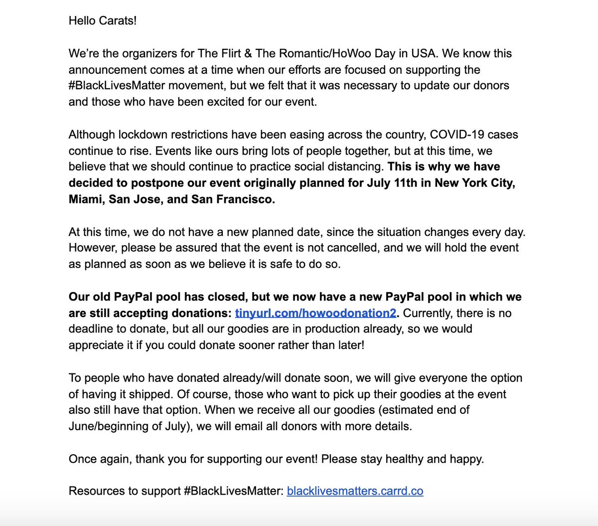10HowooCafe_FL's tweet photo. ANNOUNCEMENT!
We have decided to postpone #HOWOODAYINUSA originally planned for 7/11
Donations have reopened &amp; there is currently no deadline: https://t.co/7jtCWL0Knx
Don’t forget to fill out the form after donating: https://t.co/dIRi0S8PDI
Read the full details below! https://t.co/vC13Mur2L2
