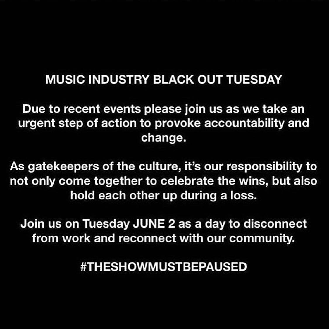 I can’t change my show slot. But I can pause the show, &amp; try bring focus to what needs to be said. But not by me. Tomorrow is not my day to speak - listen to the voices of those who need to be heard

#TheShowMustBePaused #BlackLivesMatter #musicindustryblackout #solidarity