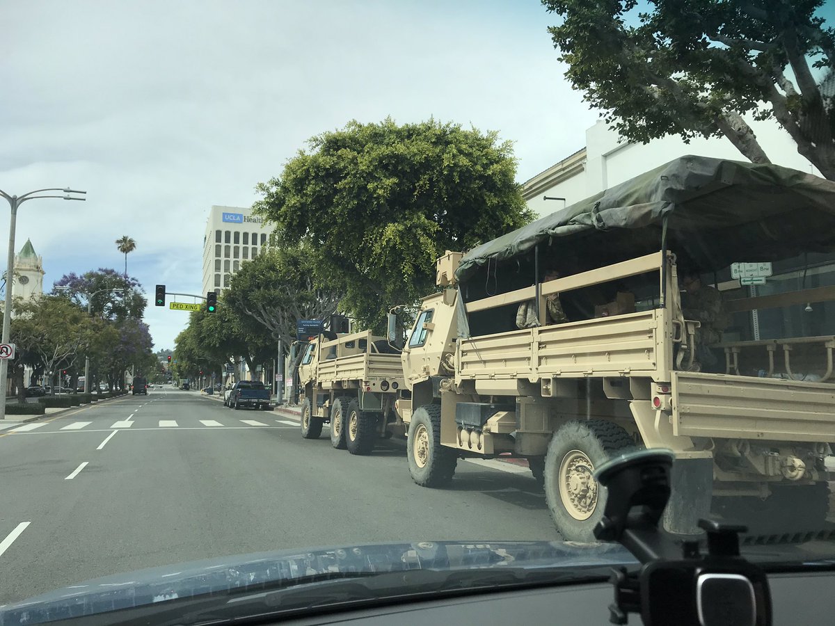 ClaudioVillanu's tweet photo. Leaving @UCLA and noticed National guard in #Westwood and heavy police presence near @UCLA . Protestors are demonstrating peacefully thus far. Stay safe all. https://t.co/FJhoXU93aH