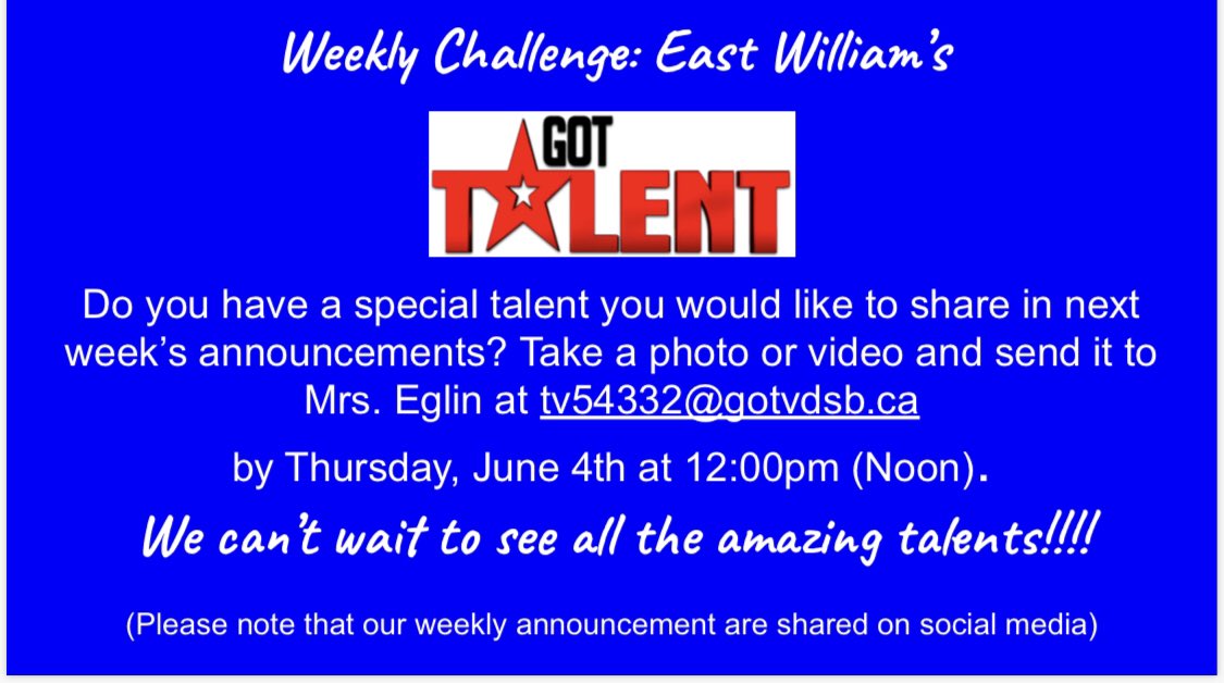 Looking for talented #tvdsb Eagles!  Send your talent in