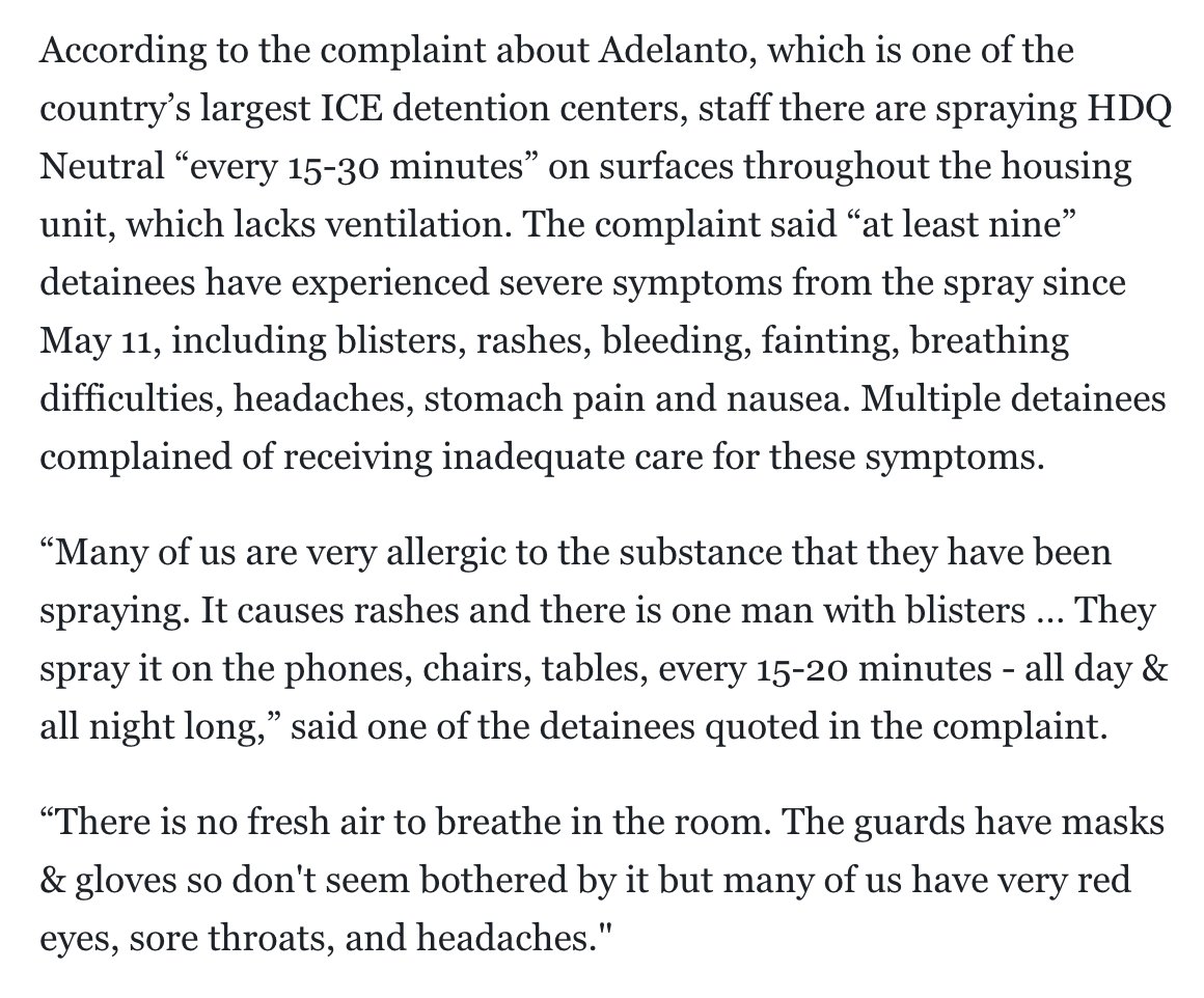 ICE detention camps are now inches away from establishing full-blown gas chambers. HDQ Neutral is less lethal than Zyklon B but they're spraying it EVERY 15 MINUTES.
news.yahoo.com/immigrant-deta…