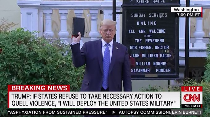 Acosta's tweet photo. Police and members of the US military were deployed to clear out a protest so Trump can hold up a Bible outside of church. https://t.co/2i0TFCveNp