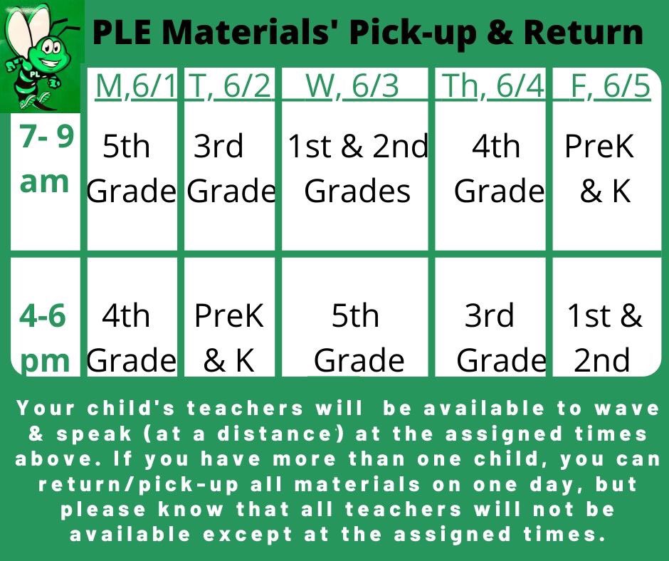PineLevelES's tweet photo. 3rd Graders: Please return your Chromebooks &amp; library books. Teachers will be available c 7-9 am on Tues, 6/2 OR 4-6 pm on Thurs, 6/4. You will drop-off these items &amp; be given your personal items, class pictures, medications, &amp; YearBooks. 

Have a great Summer, #PLGreenHornets https://t.co/FAzInsEDyY