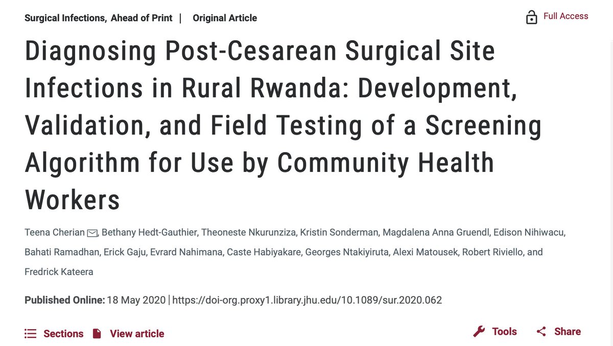 1⃣Phones + Post-Op Care + #CHWs in 🇷🇼

📱Mobile phone-based screening algorithm for #CHWs to ID &amp; refer surgical site infections post-C-section in rural Rwanda shows great promise but further work needed to optimize use by #CHWs in the field

pubmed.ncbi.nlm.nih.gov/32423365/