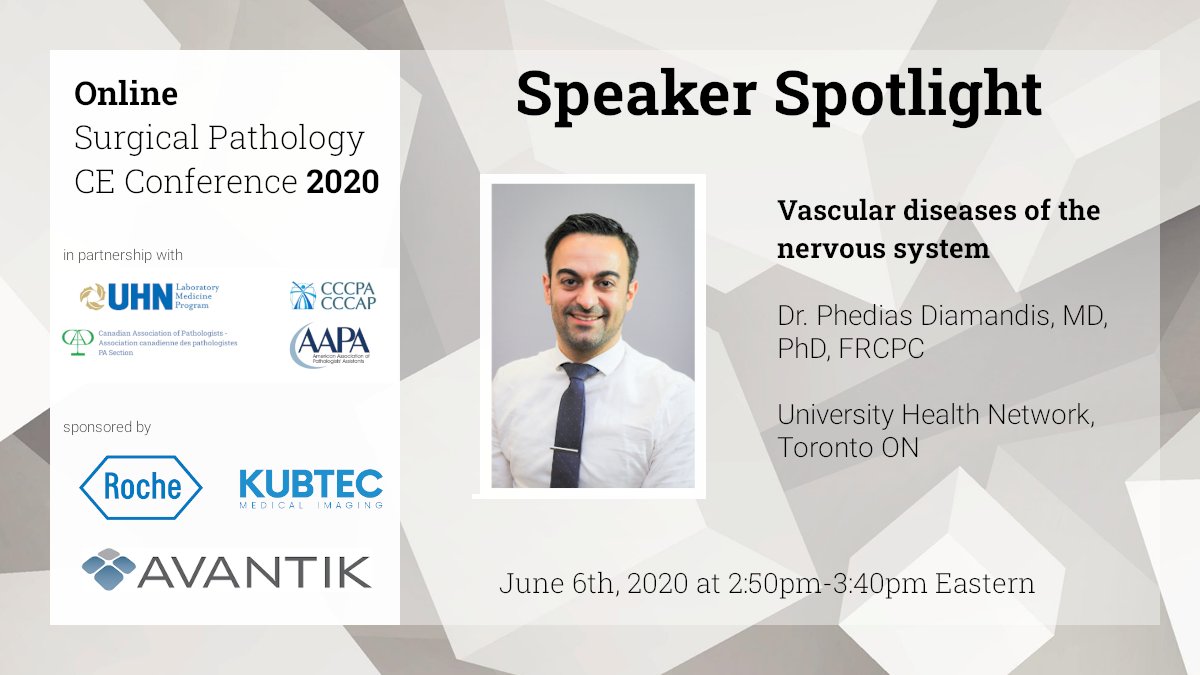 Canadian_PEh's tweet image. #onlinePAconference Speaker Spotlight! Meet Dr. Phedias Diamandis, neuropathologist at UHN and scientist at the PMCC focusing on the use of AI and proteomics in pathology. Watch his lecture, Vascular diseases of the nervous system, live on Jun 6! Register: bit.ly/36KFBa4