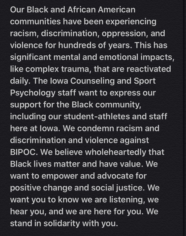 HawkPsych1's tweet photo. A message from the Iowa Counseling and Sport Psychology staff. https://t.co/cju6YZkXNU