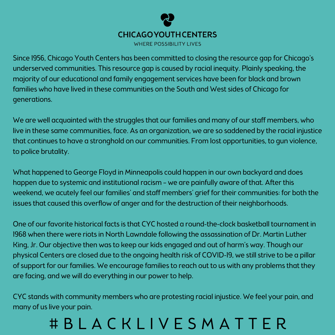CYC stands with our community members protesting racial injustice because #BlackLivesMatter. View our full statement below: