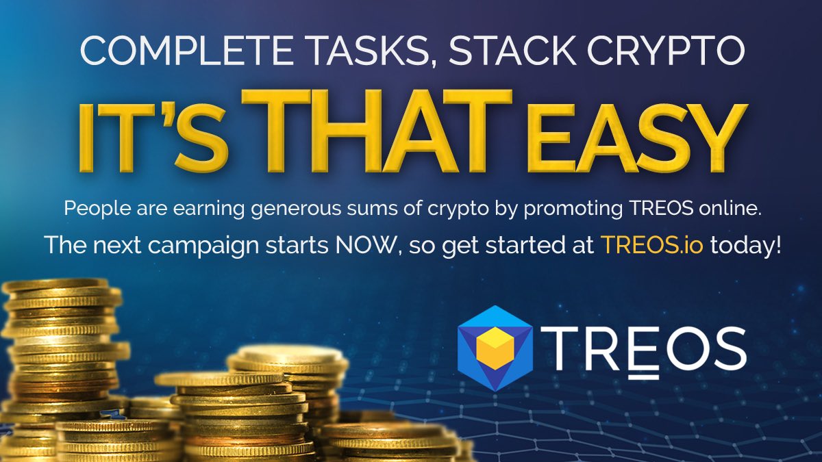 The new #TREOS Bounty 
Campaign is underway!

Head over to TREOS.io 
Sign up and get started! 👈

#StableToken #Gold #Bounty #TREOSBounty 
#Bitcoin #BitcoinNews #BTC #Cyptocurrency #Cryptocurrencies #CryptoNews #Earn #Crypto
#Rewards $TREOS $BTC $LTC $ETH $BNB $EOS