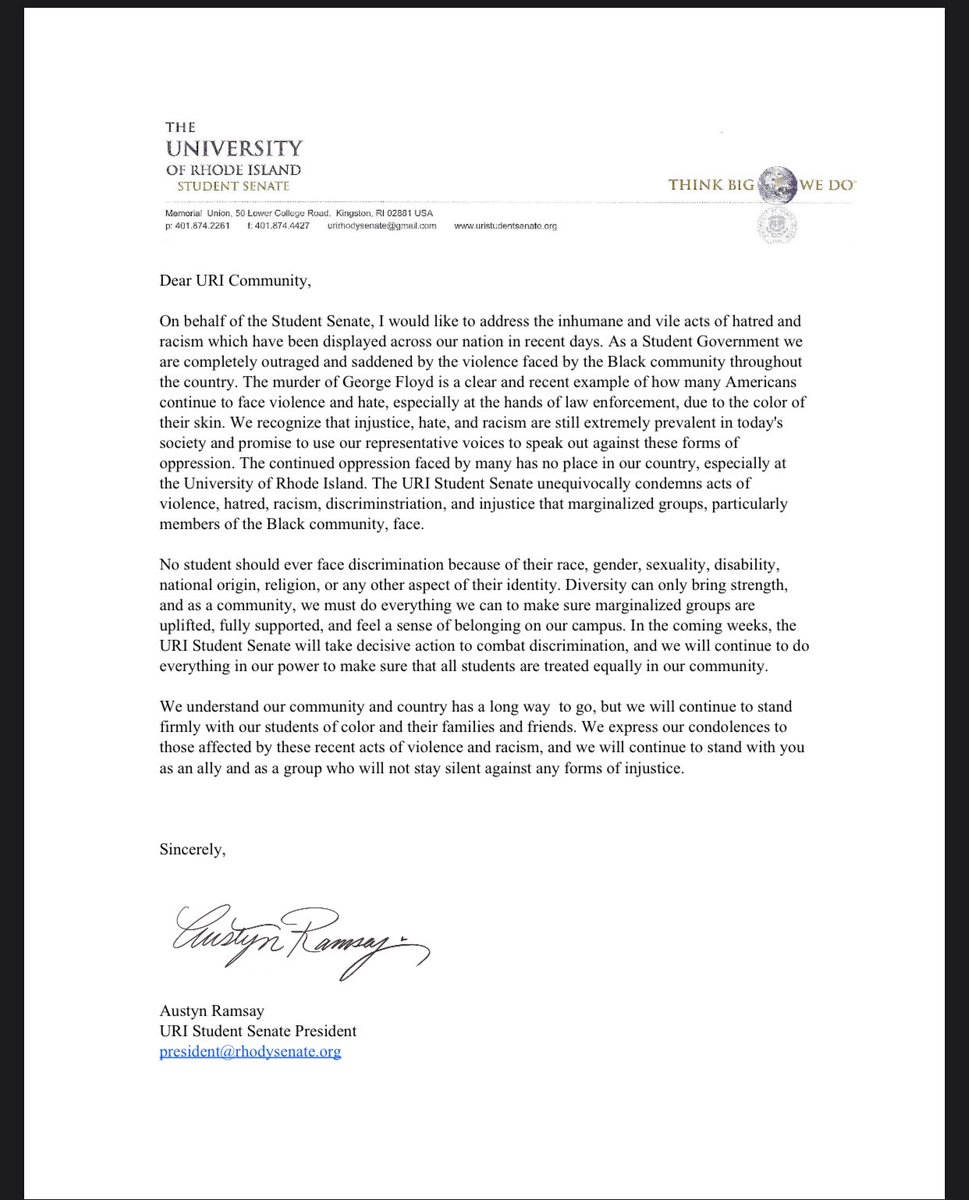 Official Statement from President Ramsay. #BlackLivesMatter #WontStaySilentURI