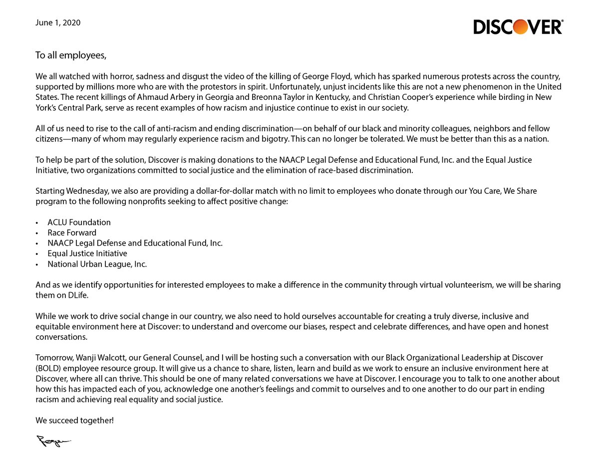 Discover_News's tweet photo. “All of us need to rise to the call of anti-racism and ending discrimination.” Read the letter from Discover CEO and President Roger Hochschild to employees about the racial injustice and civil unrest in the U.S. https://t.co/X1Y2Q5fQki