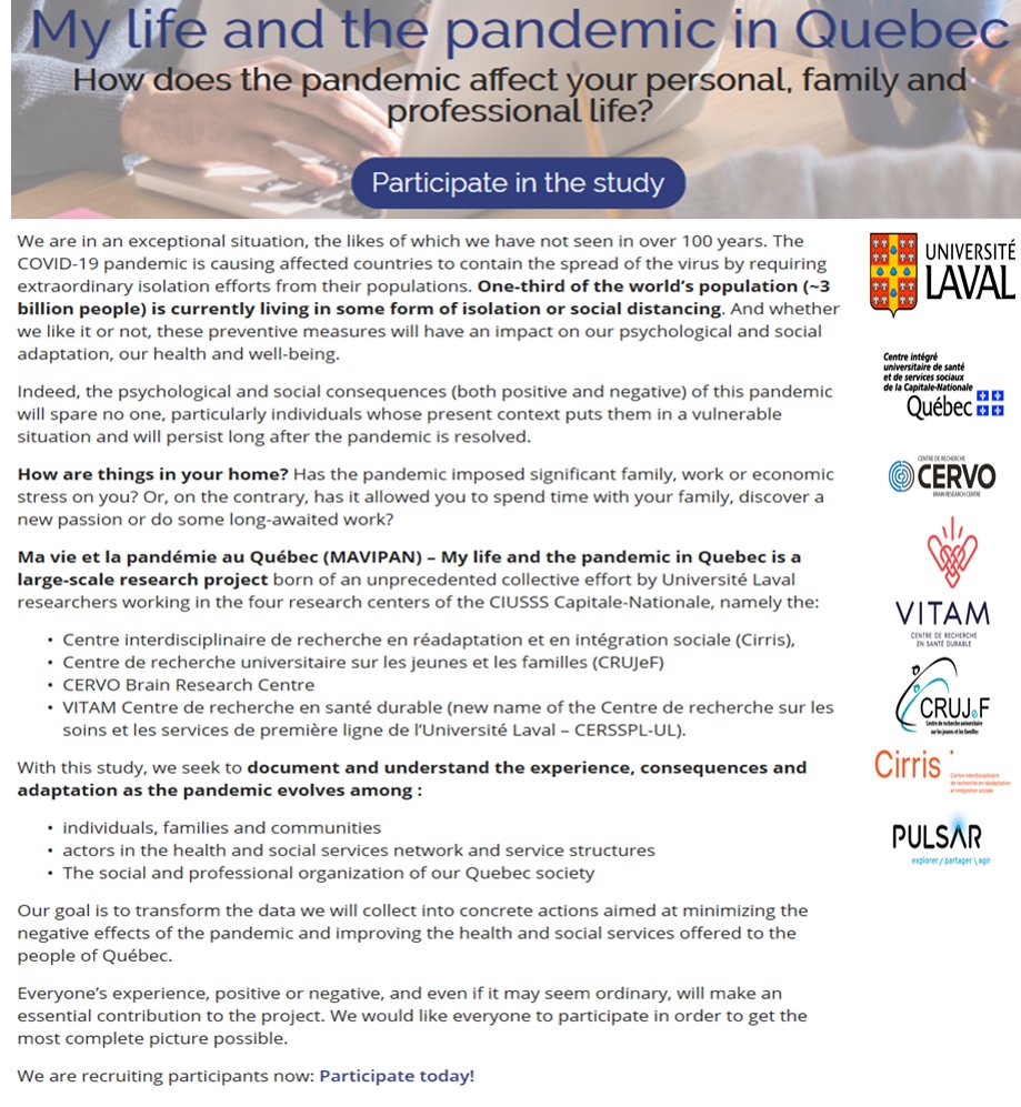 Annie_LeBlanc's tweet photo. Has the #pandemic imposed significant stress on you? Or has it allowed you to discover a new passion? We want to hear from you ! Participate in our #MAVIPAN study & help us document and understand the psychosocial impact of the pandemic https://t.co/kkNHgpsWPD https://t.co/J9UTEoMe18