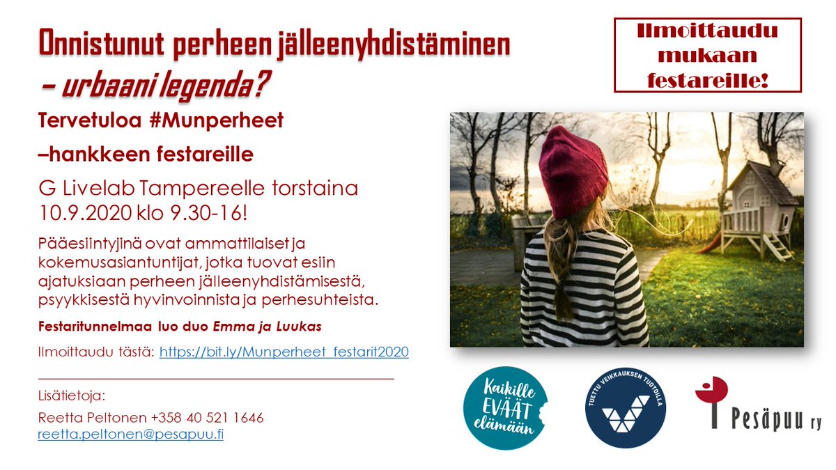 PesapuuRy's tweet photo. Vaikka kesän tapahtumia onkin peruttu, syksyn #Munperheet-hankkeen festareita ei!🥳Luvassa mielenkiintoista asiaa perheen jälleenyhdistämisestä huippuasiantuntijoiden puhumana. Ohjelma & ilmoittautuminen: https://t.co/FB3PRxK3eA. Tervetuloa! #perheenjälleenyhdistäminen https://t.co/ApIUazMMjy