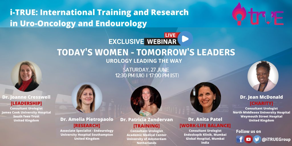 iTRUEGroup's tweet photo. ๐ด๐ต Hear, hear! ๐ต๐ด
"TODAY'S WOMEN - TOMORROW'S LEADERS"
Join us, as i-TRUE brings this first of its own kind webinar, where leading women urologists across the world share their thoughts on academia, training, parenting, charity, leadership & more.
Tune in for more updates! https://t.co/4K5CbreoZm