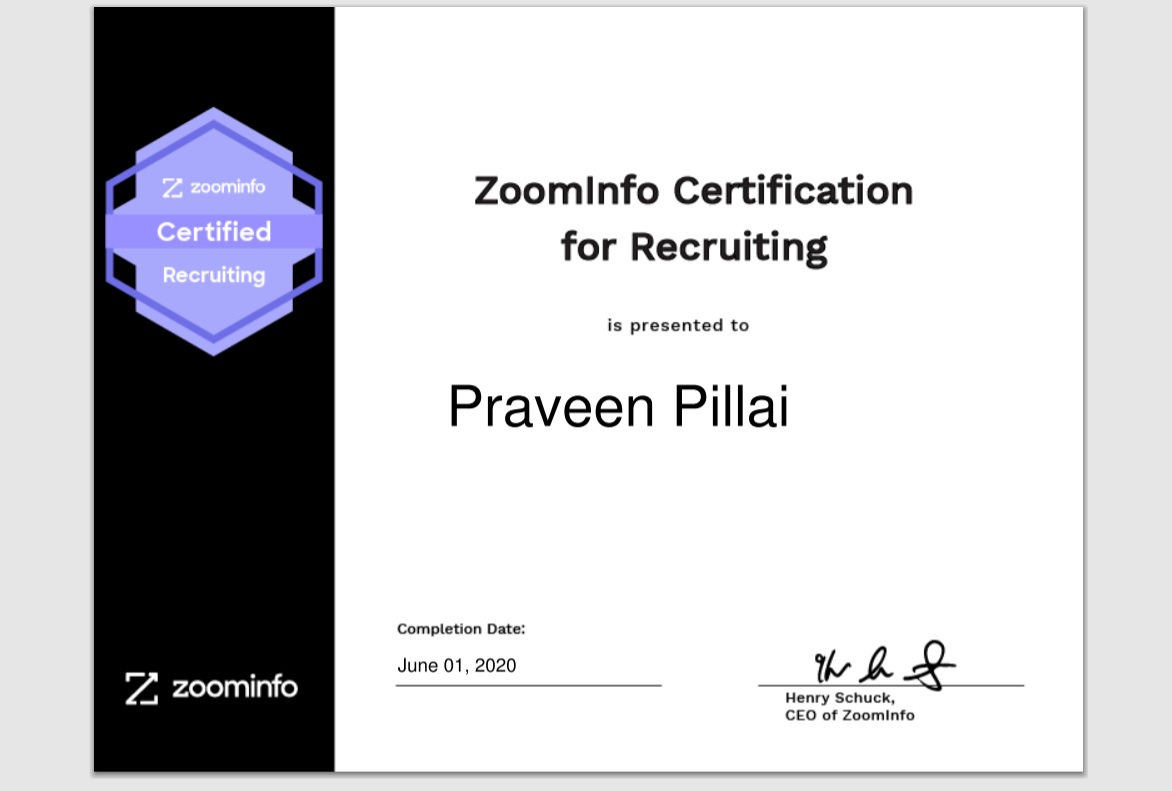 praveenpillai74's tweet photo. Got Certified Zoominfo Certification for Recruiting !!!
#recruiting #Sourcing #Certifiedrecruiter #passivesearch #Zoominfo
Thanks @ZoomInfo and @HenryLSchuck for a wonderful course. This course covers the knowledge & skill you need in order to be ZoomInfo certified in recruiting https://t.co/u6ZLS0zfDF