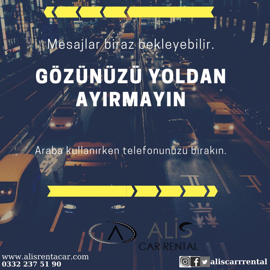 Mesajlar biraz bekleyebilir. 

GÖZÜNÜZÜ YOLDAN AYIRMAYIN!

Araba kullanırken telefonu bırakın. 

Kolay, hızlı, ekonomik araç kiralama servisi

Havalimanı, Tren Garı, Otogar Ekonomik Orta ve Lüks araçlarımız ile sizlere güvenilir Konya içi ve Dışı Araç Kiralama hizmeti veriyoruz..